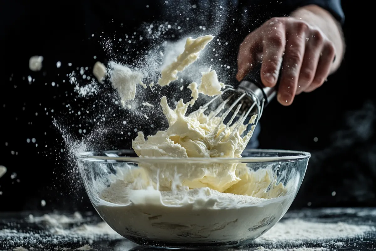 A dynamic shot of a chef mixing cream cheese and sugar in a glass bowl, with a hand mixer in action, flour dust in the air, and a close-up of the creamy mixture, capturing the excitement and technique of making Philadelphia cheesecake.