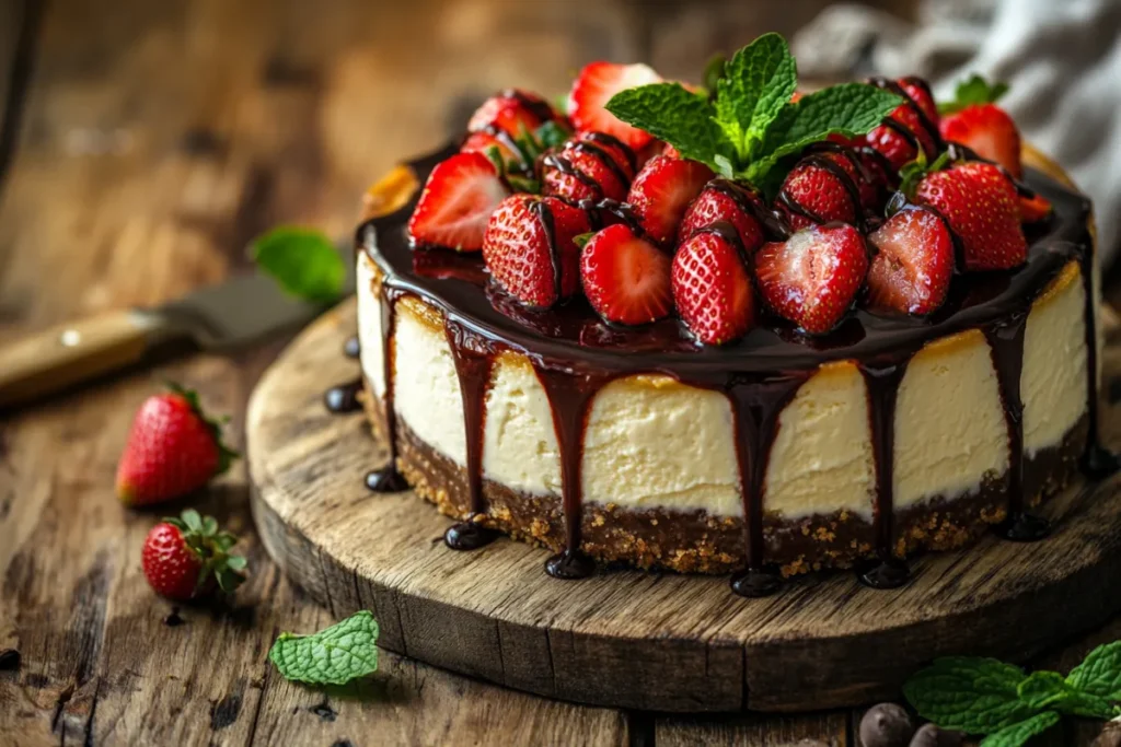 A stunning Philadelphia cheesecake on a rustic wooden table, topped with fresh strawberries and a drizzle of chocolate sauce, surrounded by a soft-focus background of a cozy kitchen, warm lighting, and a hint of mint leaves for garnish, emphasizing the creamy texture and rich flavor of the cheesecake.