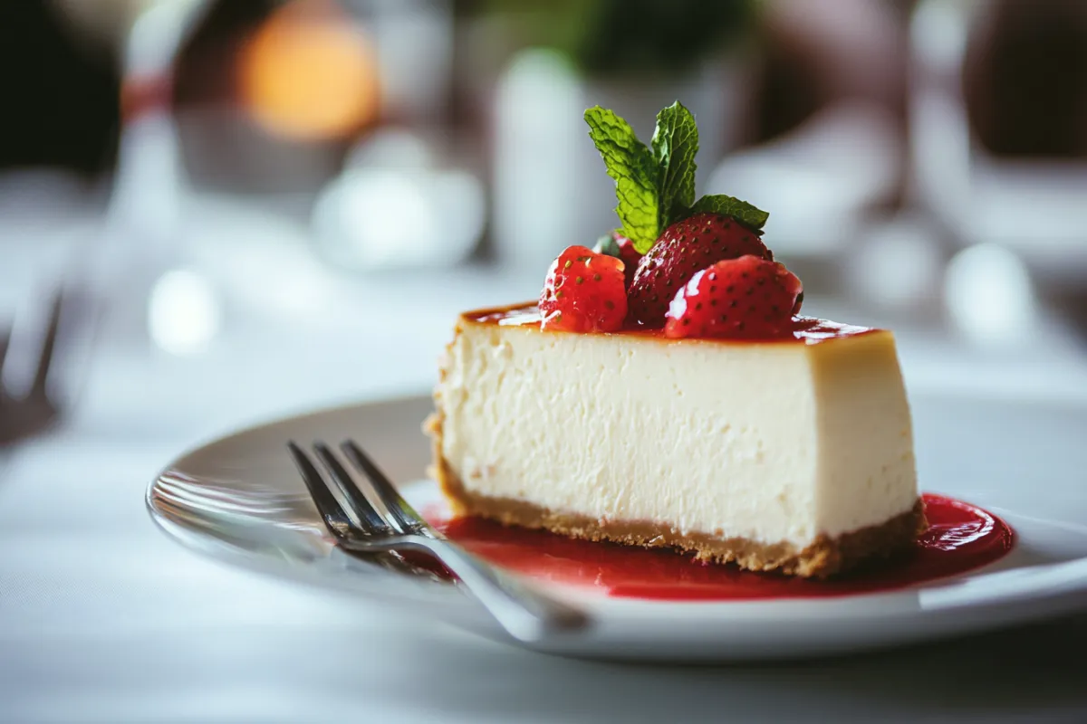 An elegant presentation of a slice of Philadelphia cheesecake on a white plate, garnished with a sprig of mint and a few fresh strawberries, with a fork beside it, set against a blurred background of a beautifully decorated dining table, highlighting the creamy texture and inviting appearance of the dessert.