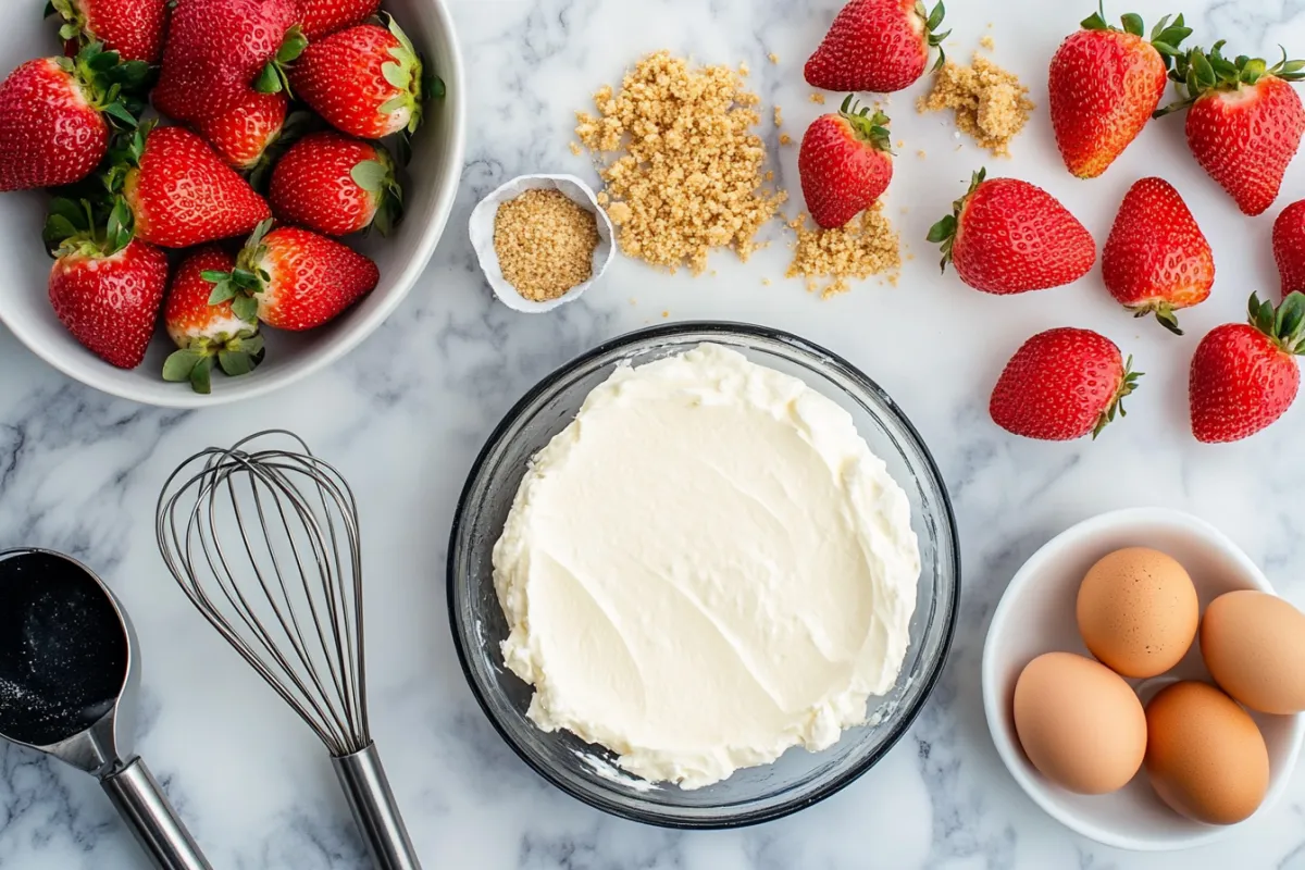 An artistic flat lay of key ingredients for Philadelphia cheesecake: cream cheese, graham cracker crumbs, sugar, eggs, and fresh strawberries, arranged on a marble countertop with a whisk and measuring cups, showcasing the vibrant colors and textures of each ingredient.