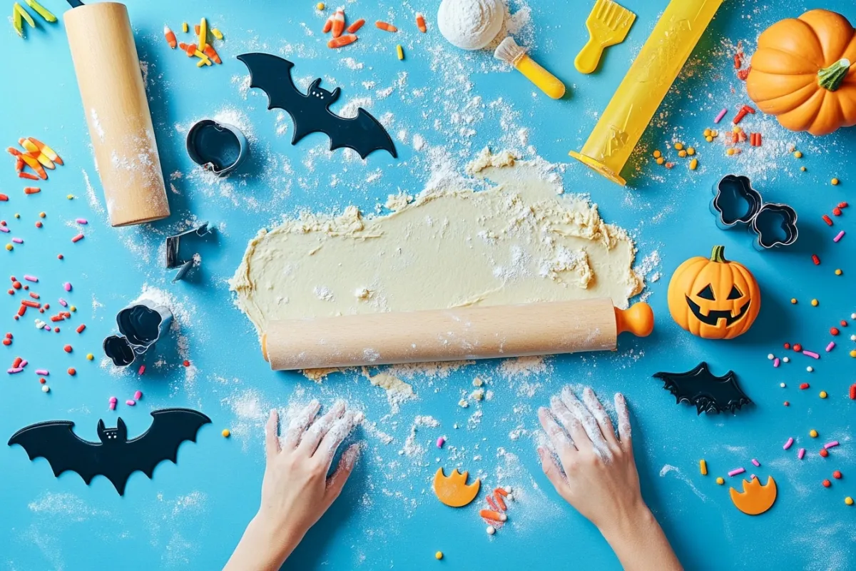 A dynamic shot capturing the moment of rolling out Pillsbury cookie dough, with hands dusted in flour, a rolling pin in action, and cookie cutters in various Halloween shapes like bats and pumpkins, surrounded by a colorful array of sprinkles and icing ready for decorating.