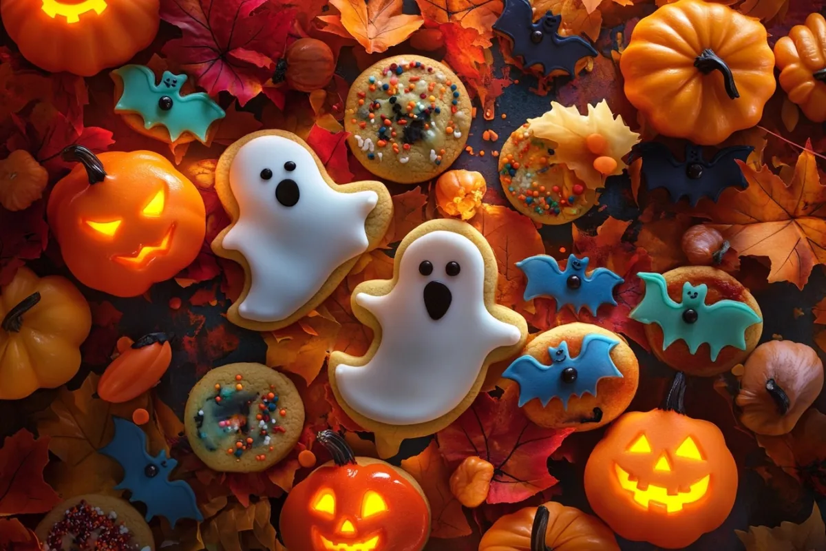 A vibrant and festive display of Pillsbury Halloween cookies, featuring various shapes like pumpkins, ghosts, and bats, decorated with colorful icing and sprinkles, set against a spooky backdrop with autumn leaves and mini pumpkins, illuminated by soft, warm lighting to enhance the inviting atmosphere.