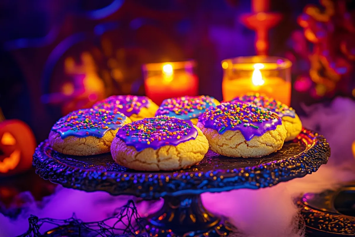 An enticing final presentation of freshly baked Pillsbury Halloween cookies arranged on a decorative platter, showcasing their vibrant icing and sprinkles, with a backdrop of spooky decorations like cobwebs and candles, all under soft, inviting lighting to highlight their deliciousness.