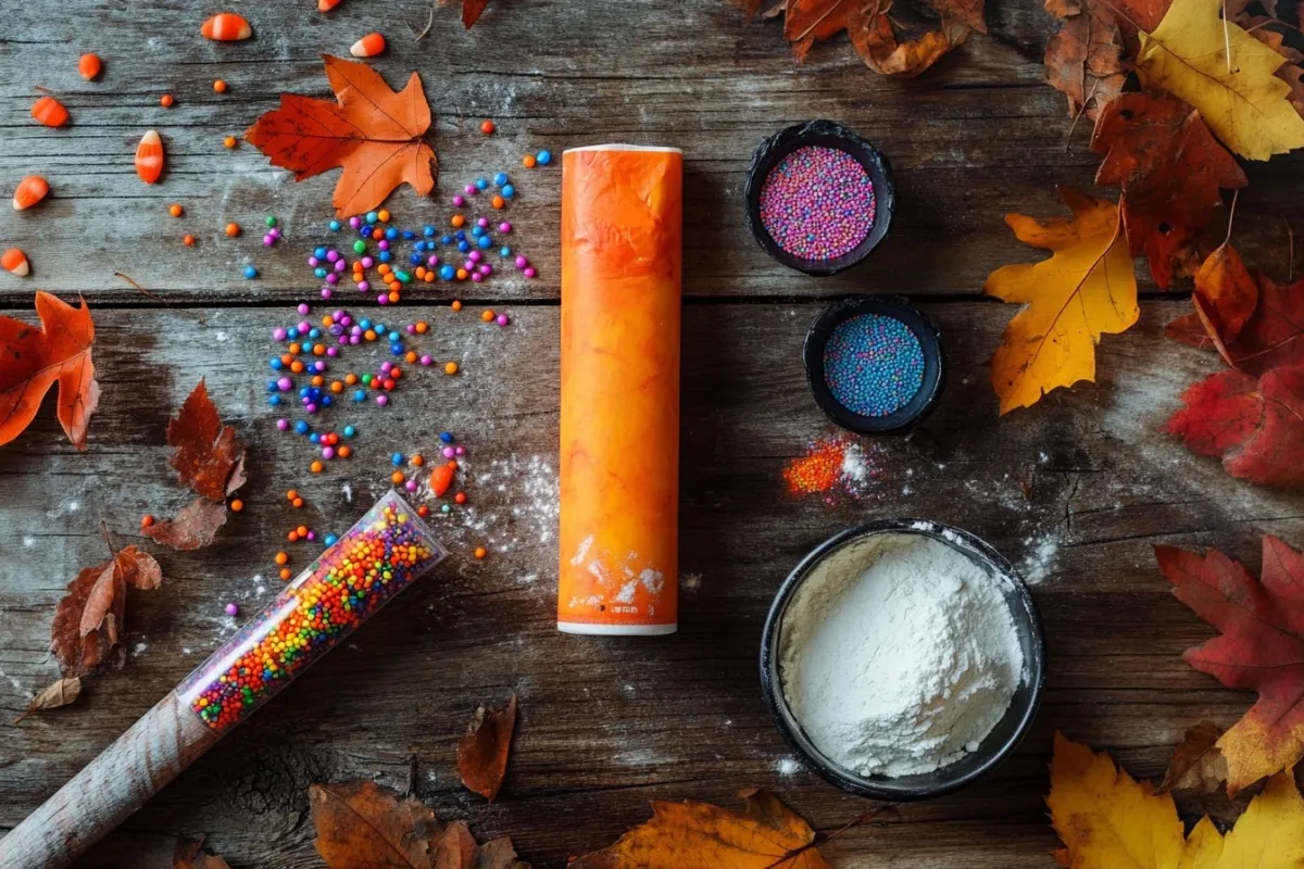 An artistic arrangement of key ingredients for Pillsbury Halloween cookies, including a tube of Pillsbury cookie dough, vibrant food coloring, sprinkles in Halloween colors, and a small bowl of flour, all placed on a rustic wooden table with a few autumn leaves scattered around for a seasonal touch.