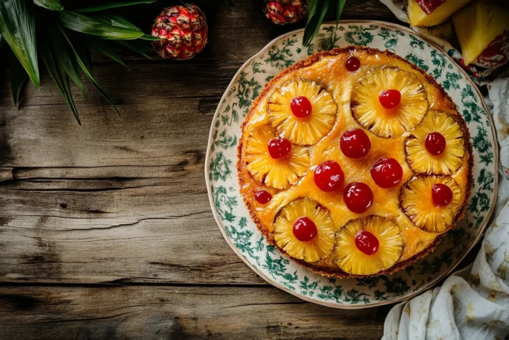 A vibrant and inviting pineapple upside down cake, golden brown with caramelized pineapple rings on top, garnished with maraschino cherries, set on a rustic wooden table with soft natural light illuminating the scene, creating a warm and cozy atmosphere.