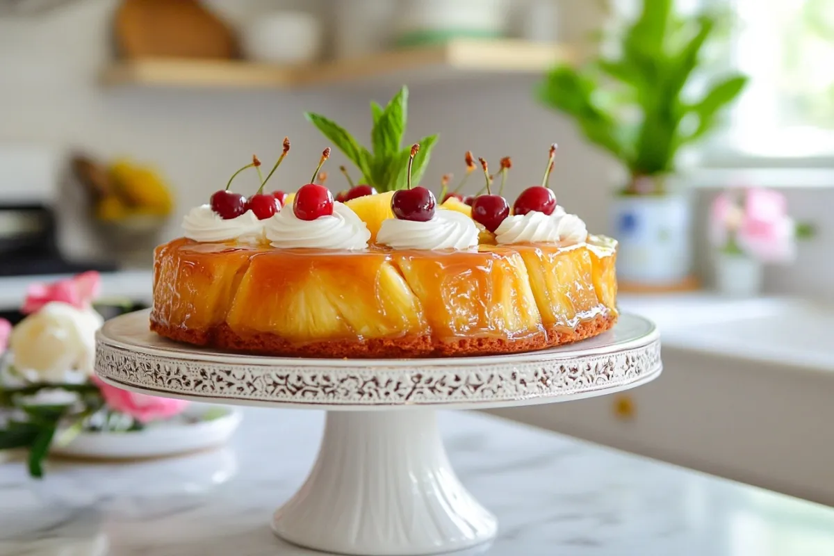 A stunning final presentation of a pineapple upside down cake on a decorative cake stand, showcasing the glossy caramelized top with pineapple and cherries, surrounded by a light drizzle of cream and fresh mint leaves, all set against a bright, cheerful kitchen backdrop.