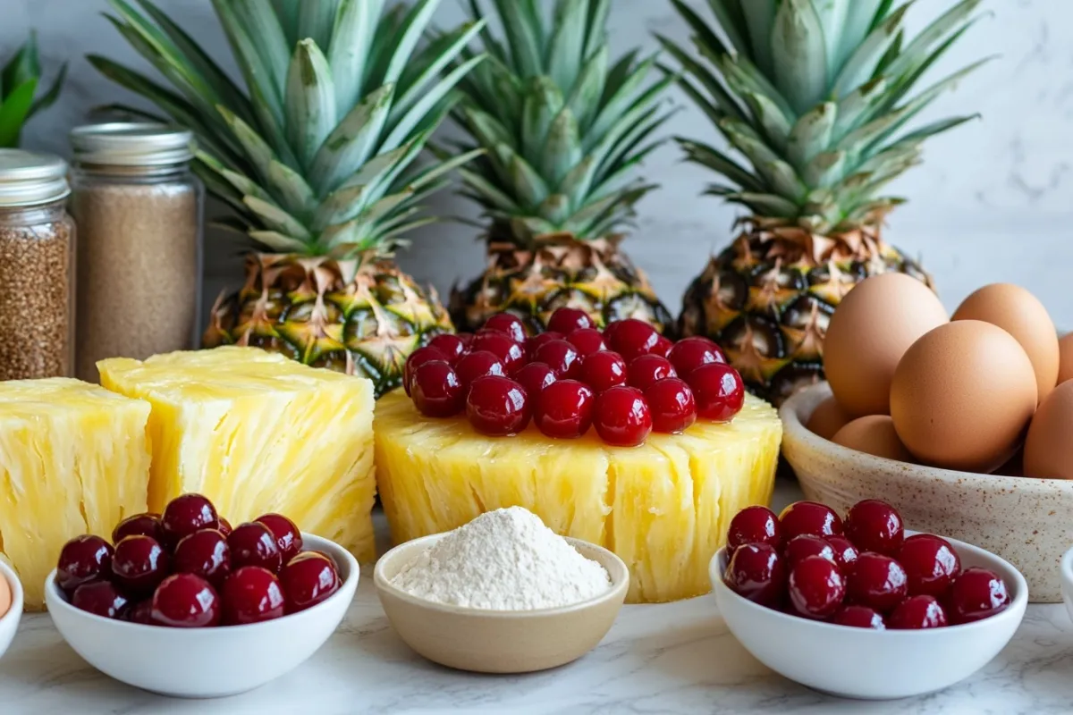 A beautifully arranged display of key ingredients for pineapple upside down cake: fresh ripe pineapples, maraschino cherries, brown sugar, butter, flour, eggs, and baking powder, all artfully placed on a marble countertop with a hint of greenery in the background.