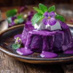 A vibrant and artistic presentation of a purple sweet potato dish, featuring a beautifully plated serving with a drizzle of coconut cream, garnished with fresh mint leaves and edible flowers, set against a rustic wooden background, soft natural lighting highlighting the rich purple hues and textures of the sweet potato, creating an inviting and appetizing scene.