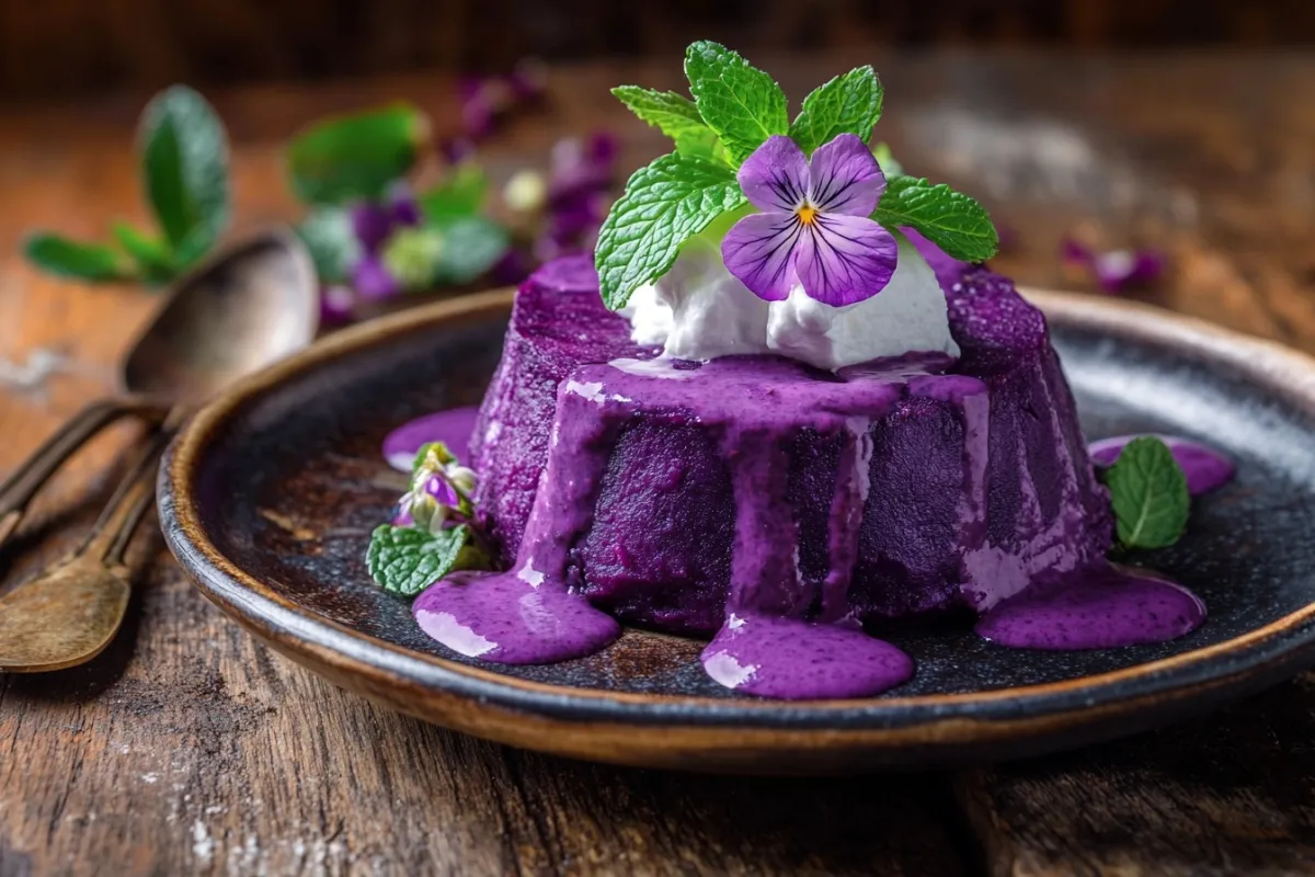 A vibrant and artistic presentation of a purple sweet potato dish, featuring a beautifully plated serving with a drizzle of coconut cream, garnished with fresh mint leaves and edible flowers, set against a rustic wooden background, soft natural lighting highlighting the rich purple hues and textures of the sweet potato, creating an inviting and appetizing scene.