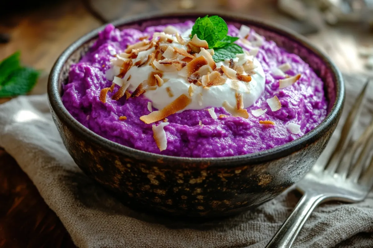 An appetizing final presentation of a purple sweet potato dish served in a rustic bowl, topped with a swirl of coconut cream and garnished with toasted coconut flakes and fresh mint, placed on a textured linen napkin, with a fork beside it, all set against a warm, inviting kitchen backdrop with soft, diffused lighting to enhance the dish's appeal.