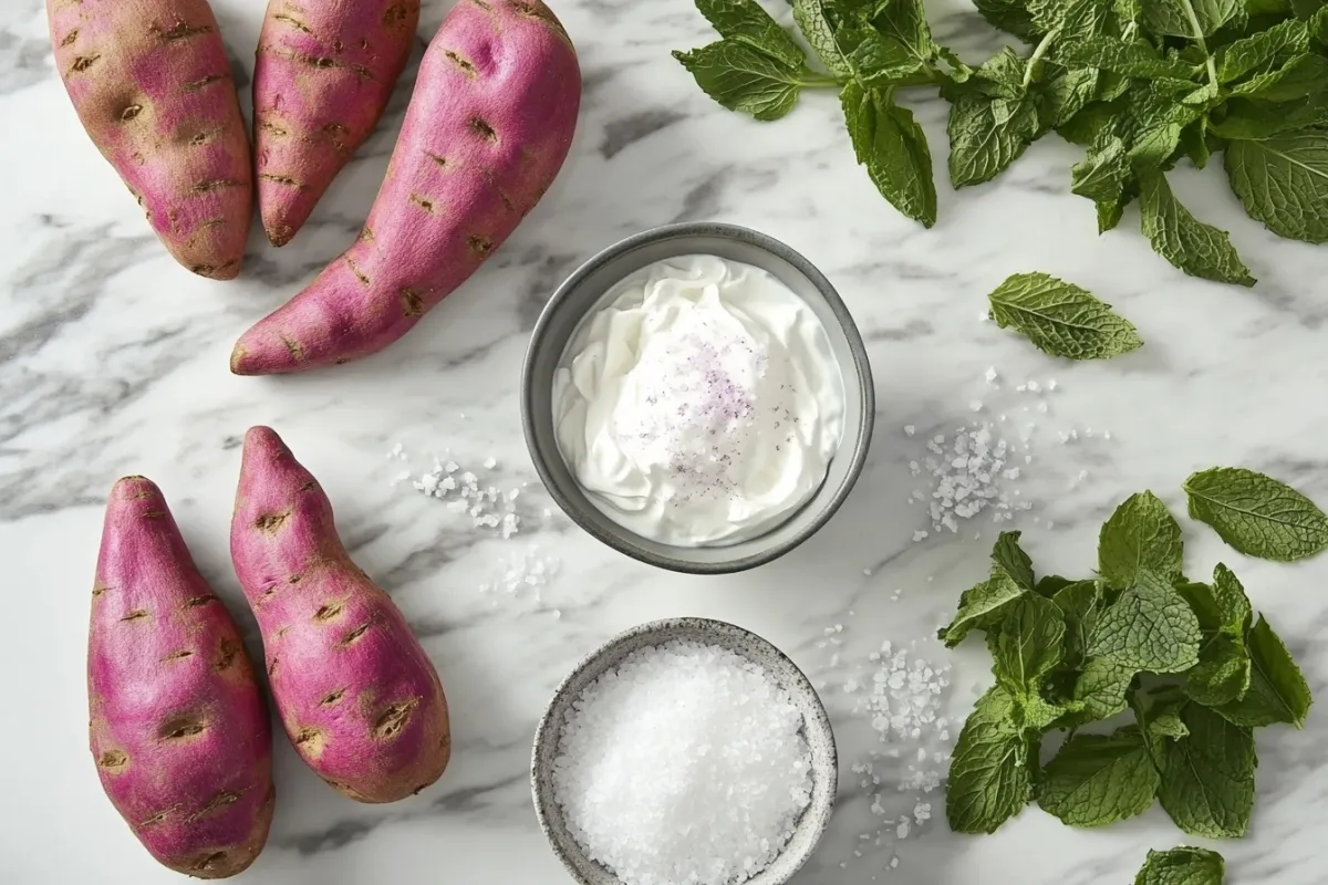 A colorful display of key ingredients for a purple sweet potato recipe, including whole purple sweet potatoes, a bowl of coconut cream, fresh mint leaves, and a sprinkle of sea salt, arranged on a marble countertop with a light, airy feel, showcasing the vibrant colors and textures of each ingredient, with soft natural lighting enhancing the freshness.