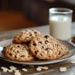 A beautifully arranged plate of freshly baked Quaker oatmeal cookies, golden brown with a slightly crispy edge and soft center, sprinkled with chocolate chips and oats, set on a rustic wooden table. The background features a cozy kitchen setting with warm lighting, a glass of milk beside the cookies, and a few scattered oats for texture. The scene evokes a sense of home and comfort, inviting viewers to indulge in these delicious treats.