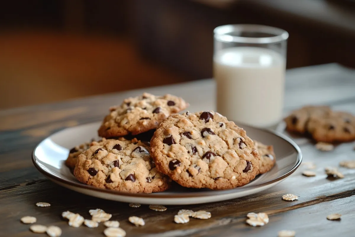 A beautifully arranged plate of freshly baked Quaker oatmeal cookies, golden brown with a slightly crispy edge and soft center, sprinkled with chocolate chips and oats, set on a rustic wooden table. The background features a cozy kitchen setting with warm lighting, a glass of milk beside the cookies, and a few scattered oats for texture. The scene evokes a sense of home and comfort, inviting viewers to indulge in these delicious treats.