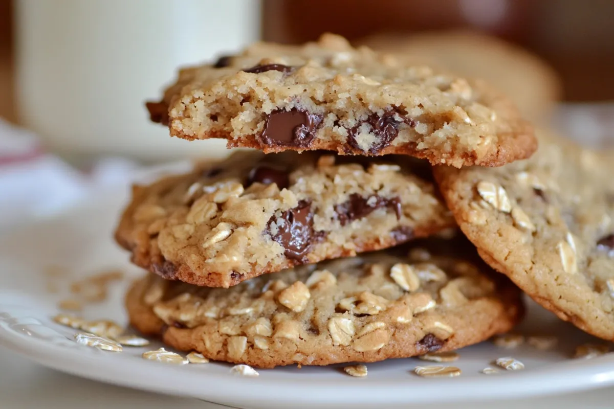 A close-up shot of a stack of warm Quaker oatmeal cookies, with a few cookies slightly broken to reveal the chewy texture and melted chocolate chips inside. The cookies are placed on a white plate with a sprinkle of oats on top, and a glass of milk in the background. Soft natural light enhances the golden color of the cookies, making them look irresistible and perfect for sharing.