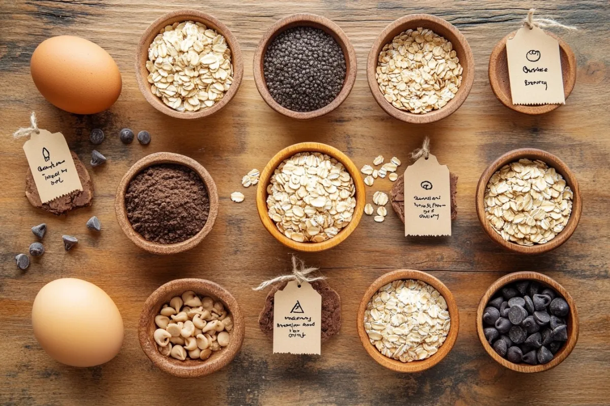 An artistic flat lay of the key ingredients for Quaker oatmeal cookies, including rolled oats, brown sugar, flour, butter, eggs, and chocolate chips, arranged in small bowls on a wooden surface. Each ingredient is labeled with elegant handwritten tags, and a few oats are scattered around for added texture. The natural light highlights the textures and colors of the ingredients, creating an inviting and vibrant display.