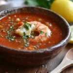 A vibrant seafood boil sauce in a rustic bowl, surrounded by fresh herbs, lemon wedges, and colorful spices, with a wooden spoon resting beside it, all set against a textured wooden table background, capturing the essence of a summer seafood feast.