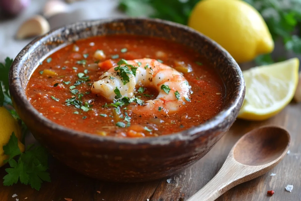 A vibrant seafood boil sauce in a rustic bowl, surrounded by fresh herbs, lemon wedges, and colorful spices, with a wooden spoon resting beside it, all set against a textured wooden table background, capturing the essence of a summer seafood feast.