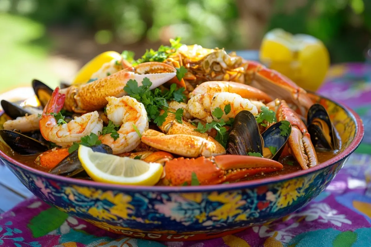 A mouth-watering seafood boil served in a large, colorful bowl, featuring succulent shrimp, crab legs, and mussels, all drenched in a rich, golden seafood boil sauce, garnished with fresh parsley and lemon slices, set on a picnic table with a vibrant tablecloth.