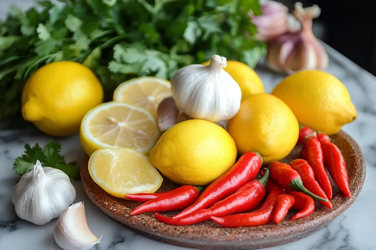 An artistic arrangement of key ingredients for seafood boil sauce: fresh garlic cloves, bright red chili peppers, zesty lemons, and a variety of spices like paprika and cayenne, beautifully displayed on a marble countertop with a hint of greenery in the background.