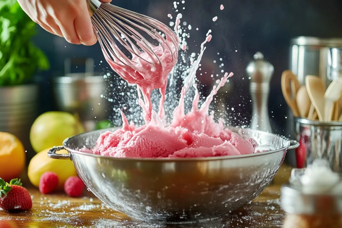 A dynamic shot capturing the moment of pouring freshly blended fruit puree into a mixing bowl, with splashes of vibrant color and a hand holding a whisk, surrounded by kitchen utensils and ingredients, conveying the excitement of creating homemade sherbet ice cream.