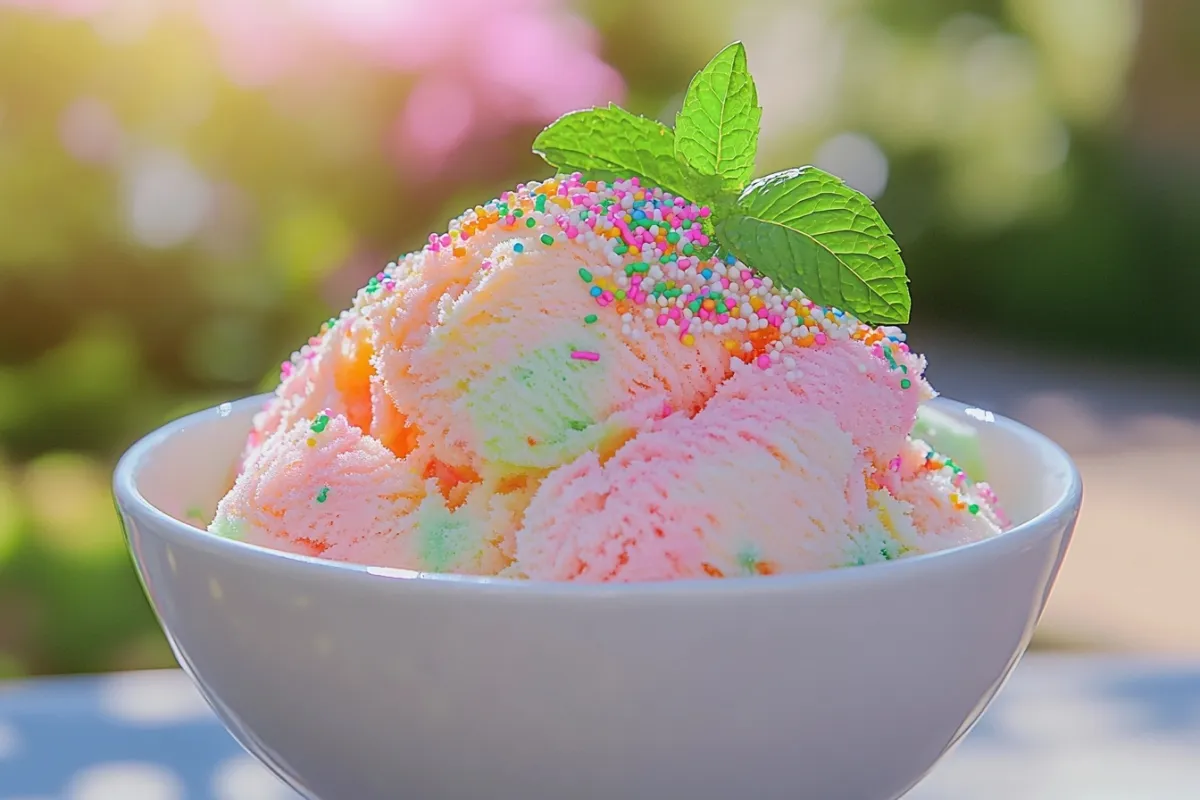 A vibrant bowl of colorful sherbet ice cream, featuring bright shades of pink, orange, and green, garnished with fresh mint leaves and a sprinkle of colorful sprinkles, set against a sunny outdoor backdrop with a blurred garden in the background, evoking a sense of summer joy and indulgence.