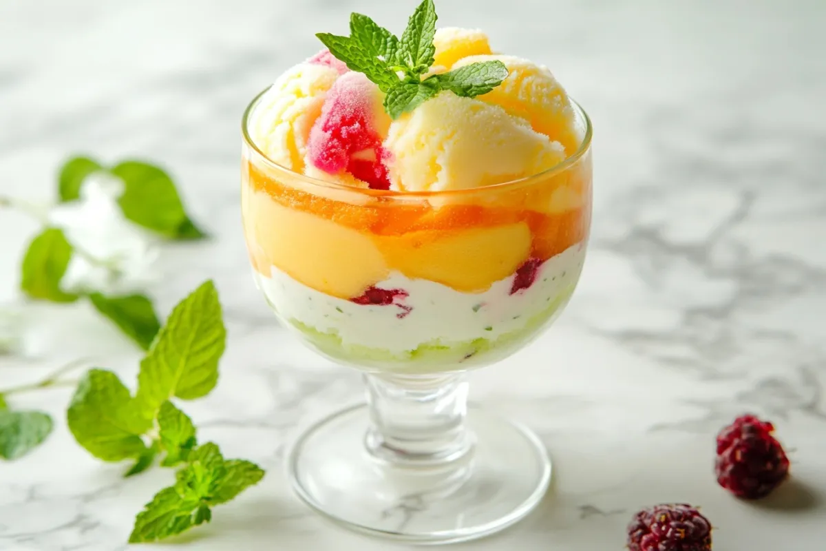 An elegant serving of sherbet ice cream in a stylish glass dish, layered with different flavors, topped with a drizzle of fruit syrup and a sprig of mint, placed on a marble countertop with a soft-focus background of a summer picnic setting, inviting and refreshing.