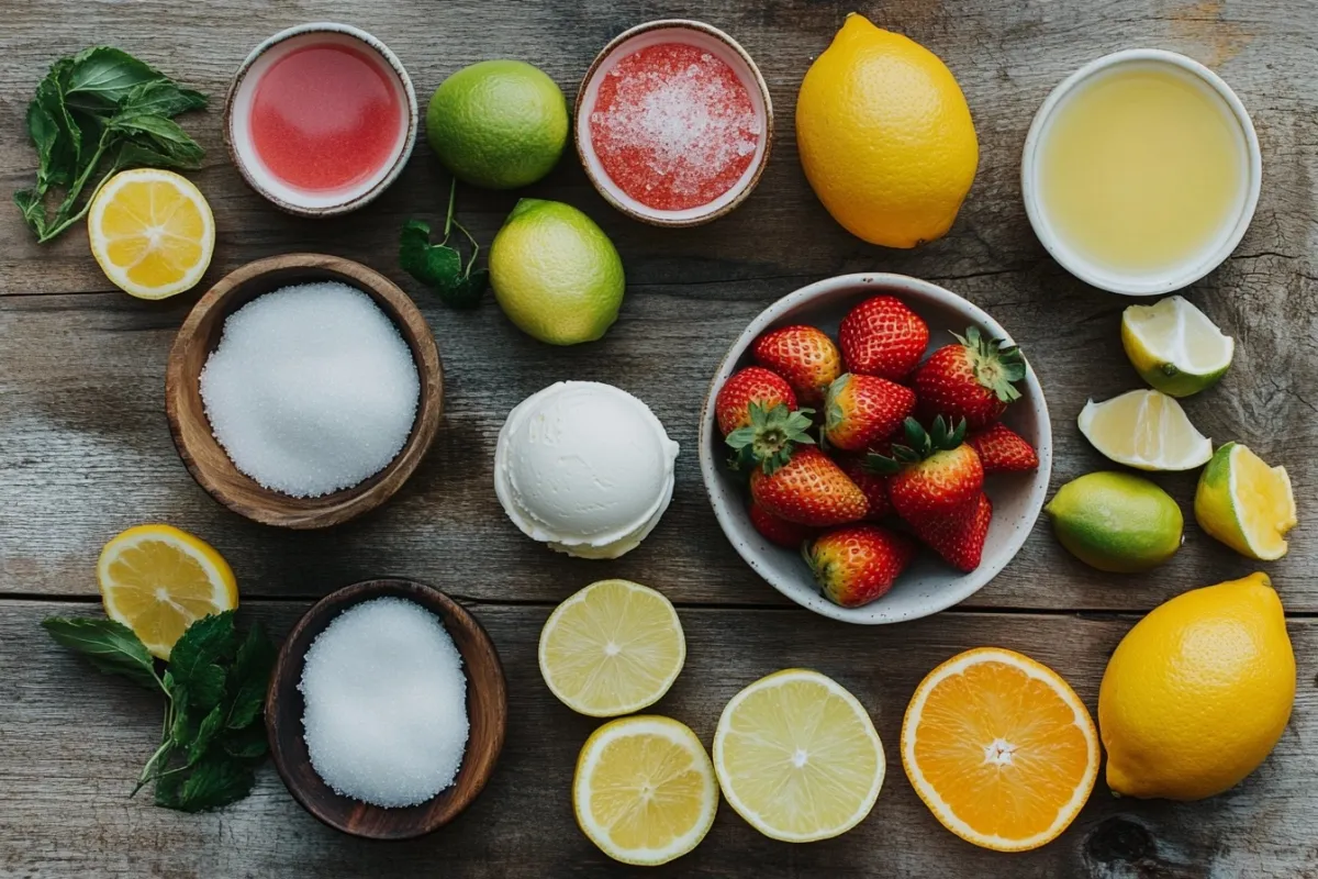 An artistic flat lay of the key ingredients for sherbet ice cream, including fresh fruits like strawberries, oranges, and limes, alongside bowls of sugar, lemon juice, and a scoop of ice cream, all arranged on a rustic wooden table with natural light highlighting the textures and colors.