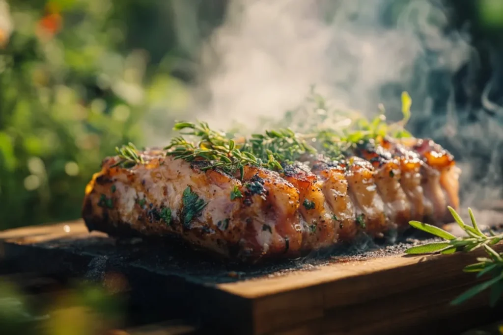 A beautifully smoked pork loin, glistening with a rich, caramelized crust, garnished with fresh herbs and served on a rustic wooden board. The background features a softly blurred outdoor barbecue setting, with smoke wafting in the air, enhancing the inviting atmosphere. The lighting is warm and golden, highlighting the textures of the meat and the vibrant colors of the herbs.