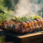 A beautifully smoked pork loin, glistening with a rich, caramelized crust, garnished with fresh herbs and served on a rustic wooden board. The background features a softly blurred outdoor barbecue setting, with smoke wafting in the air, enhancing the inviting atmosphere. The lighting is warm and golden, highlighting the textures of the meat and the vibrant colors of the herbs.