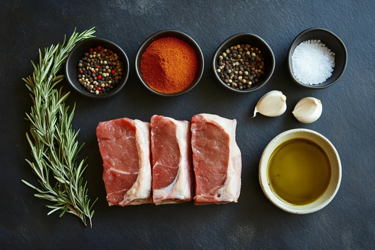 An artistic arrangement of the key ingredients for smoked pork loin: a fresh pork loin, a variety of spices including paprika, garlic powder, and black pepper, along with a sprig of rosemary and a bowl of olive oil. The ingredients are displayed on a dark slate surface, with natural light casting soft shadows, creating a rustic and inviting feel.