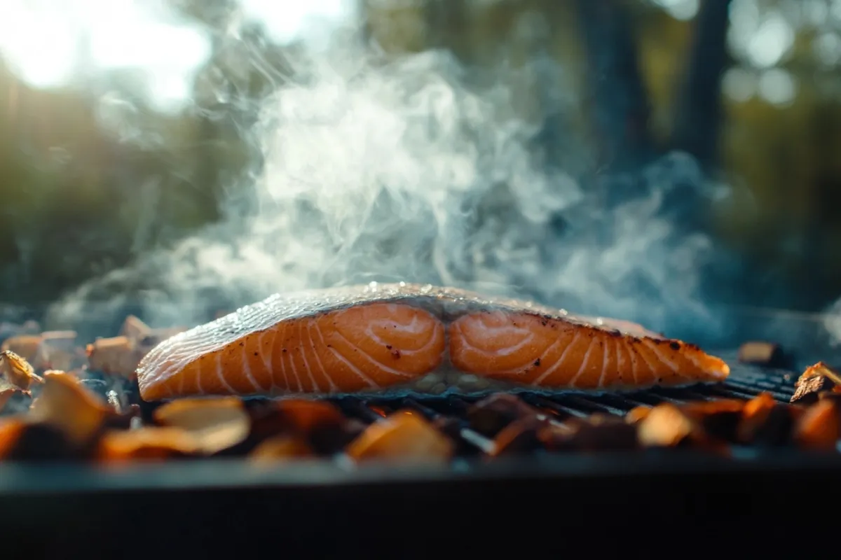 A dynamic shot capturing the moment of smoking salmon on a grill, with wisps of aromatic smoke rising and enveloping the fish. The scene includes a close-up of the salmon fillet on the grill, surrounded by wood chips, with a vibrant outdoor setting in the background, showcasing the cooking technique in action.