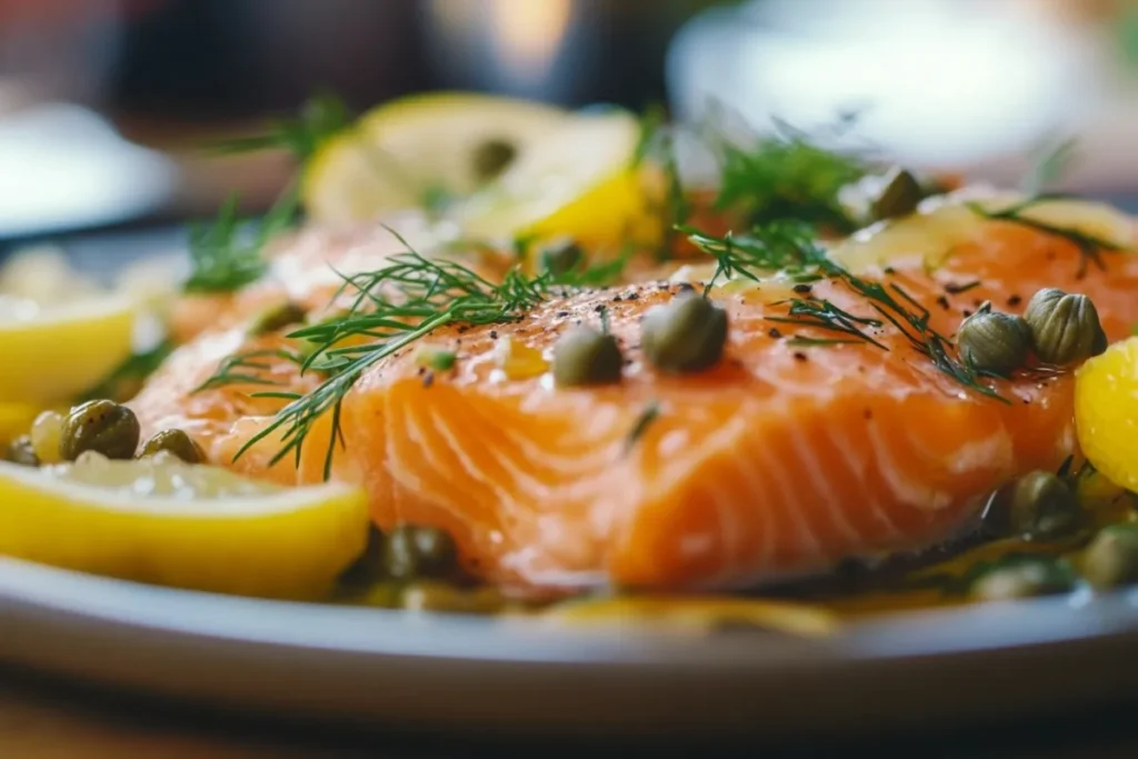 A vibrant, close-up shot of a beautifully plated smoked salmon dish, garnished with fresh dill, capers, and lemon slices, set on a rustic wooden table. The salmon glistens under soft natural light, with a blurred background of a cozy kitchen atmosphere, evoking a sense of warmth and deliciousness.