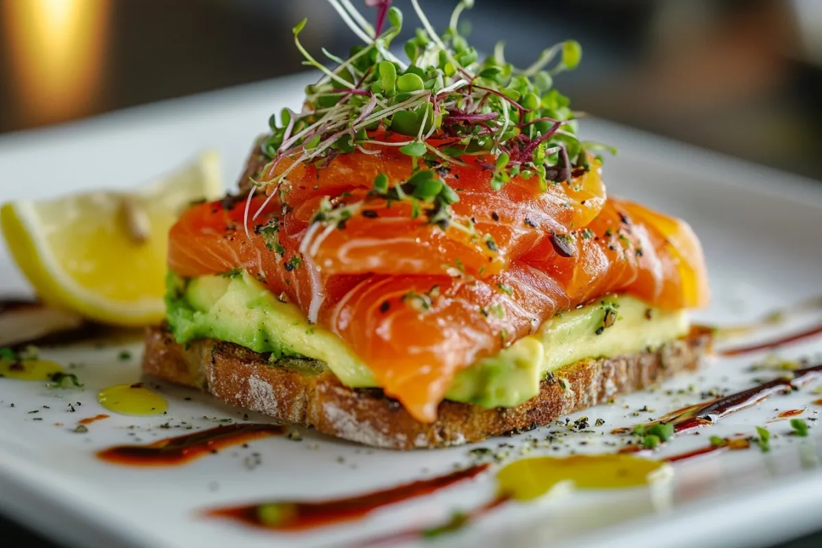 An elegant presentation of the finished smoked salmon dish, served on a white plate with a side of avocado toast and a sprinkle of microgreens. The dish is artfully arranged, with a drizzle of olive oil and a lemon wedge, all set against a softly lit dining table, creating an inviting atmosphere.