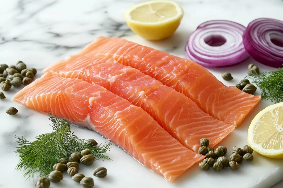 An artistic arrangement of key ingredients for smoked salmon: fresh salmon fillets, capers, dill, red onion slices, and lemon wedges, all beautifully displayed on a marble countertop. The ingredients are arranged in a way that highlights their colors and textures, with a soft-focus background to enhance the visual appeal.