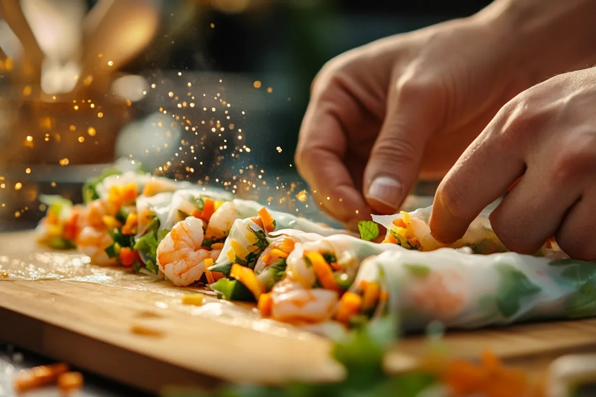 A dynamic image capturing the moment of rolling spring rolls, with hands skillfully wrapping colorful vegetables and shrimp in rice paper, a close-up view that emphasizes the texture of the rice paper and the vibrant colors of the fillings, set against a blurred kitchen background.