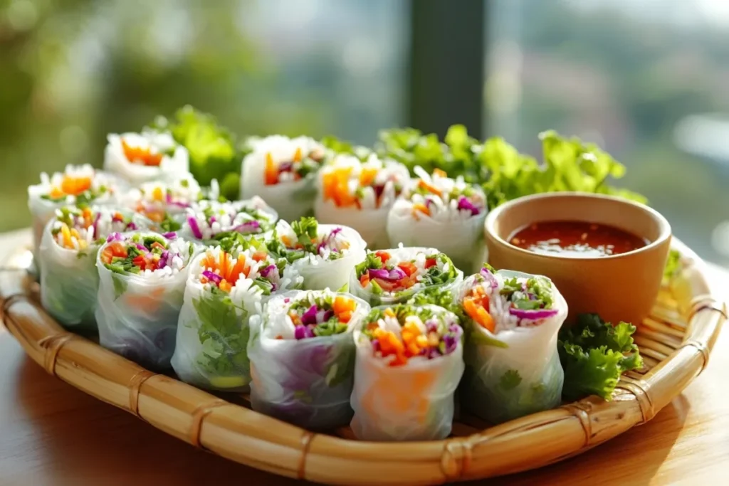 A vibrant and colorful display of freshly made spring rolls, arranged artistically on a bamboo platter, garnished with fresh herbs and served with a small bowl of spicy dipping sauce, bright natural lighting enhances the freshness of the ingredients, creating an inviting and appetizing scene.