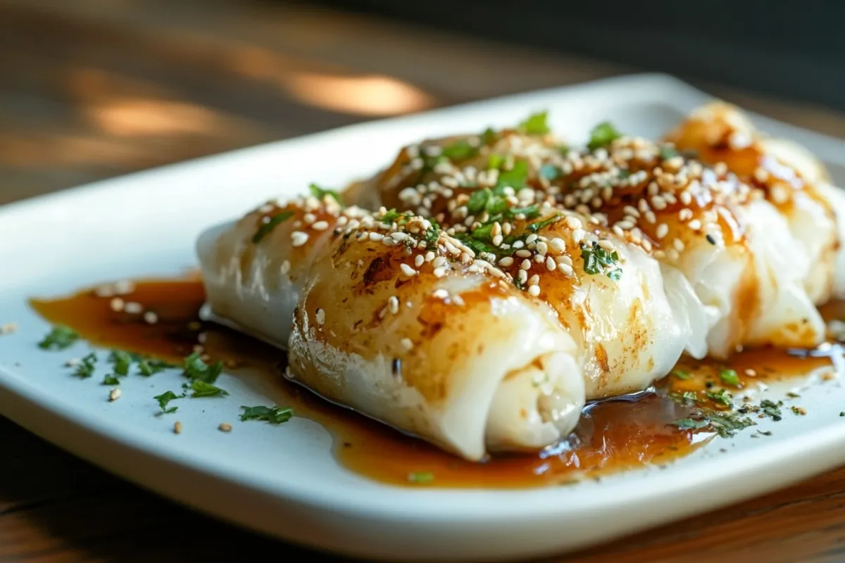 An elegant presentation of finished spring rolls on a white plate, drizzled with a tangy sauce and garnished with sesame seeds and fresh herbs, set against a dark wooden background, with soft lighting that enhances the colors and textures of the dish, making it look irresistible.