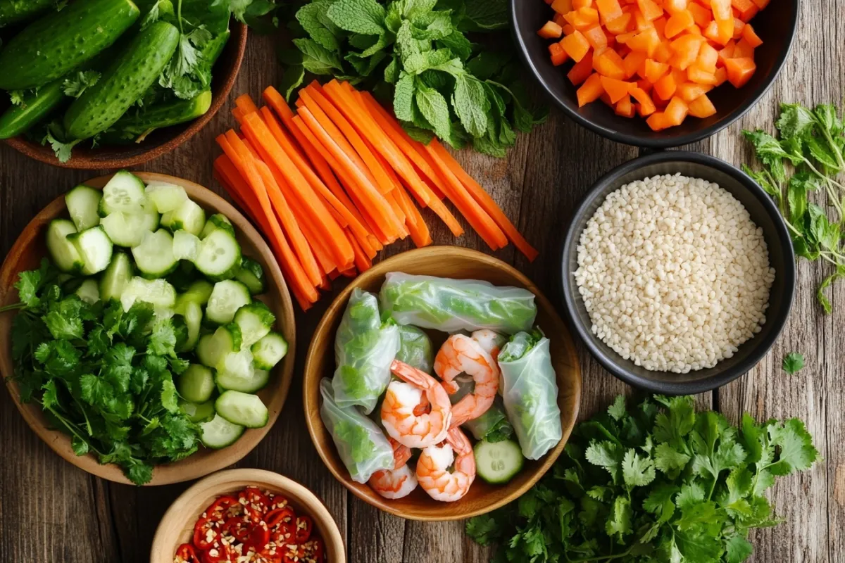 An overhead shot of the key ingredients for spring rolls, including vibrant vegetables like carrots, cucumbers, and bell peppers, fresh herbs like mint and cilantro, rice paper wrappers, and a bowl of shrimp, all beautifully arranged on a rustic wooden table, with soft natural light highlighting their freshness.