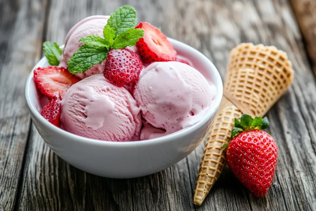 A vibrant bowl of homemade strawberry ice cream, topped with fresh strawberries and mint leaves, set against a rustic wooden background. The ice cream is creamy and smooth, with a rich pink color, and a scoop is elegantly placed on a waffle cone beside it. Soft natural light enhances the textures and colors, creating a mouth-watering appeal.