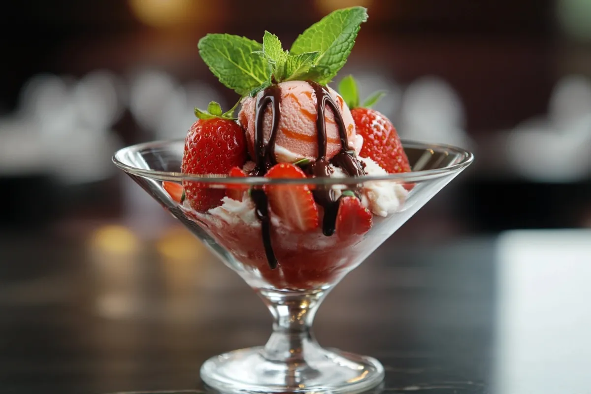 A stunning presentation of strawberry ice cream served in a glass dish, garnished with fresh mint leaves and a drizzle of chocolate sauce. The ice cream is perfectly scooped, with a few whole strawberries placed artistically around the dish. The background is softly blurred to emphasize the dessert, creating an inviting and indulgent atmosphere.