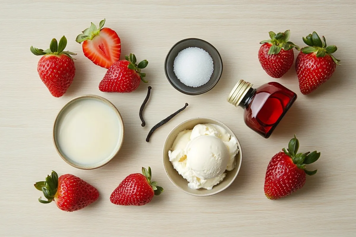 A beautifully arranged flat lay of key ingredients for strawberry ice cream: ripe strawberries, heavy cream, sugar, and vanilla extract. The strawberries are fresh and glistening, with a few whole and some sliced, surrounded by a small bowl of sugar and a bottle of vanilla extract. The background is a light-colored wooden surface for a clean look.