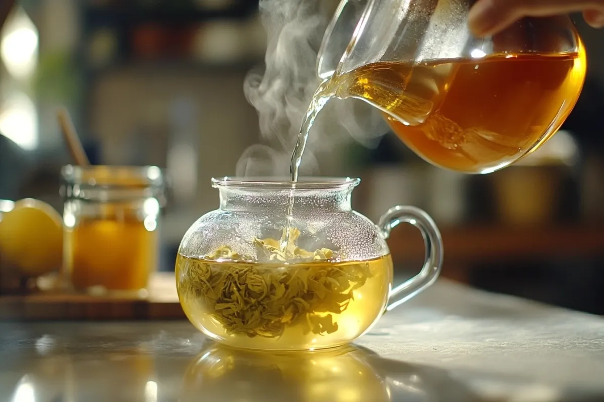 A close-up shot of a hand pouring hot water over loose white tea leaves in a glass teapot, steam rising, with a backdrop of a kitchen counter filled with ingredients like honey and lemon, capturing the moment of brewing the tea.