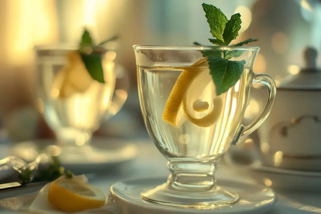 A beautifully styled white tea shot served in elegant glassware, garnished with a twist of lemon and a sprig of mint, set against a soft-focus background of a cozy tea room with warm lighting, highlighting the delicate color of the tea and the refreshing ingredients.