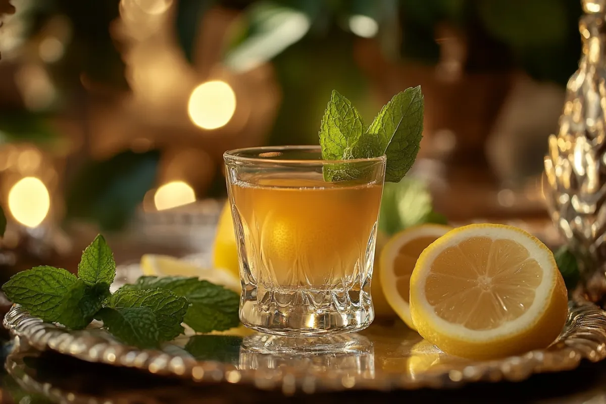 A stunning final presentation of the white tea shot served in a stylish shot glass, surrounded by fresh lemon slices and mint leaves, with a soft-focus background of a beautifully set table, evoking a sense of elegance and refreshment.