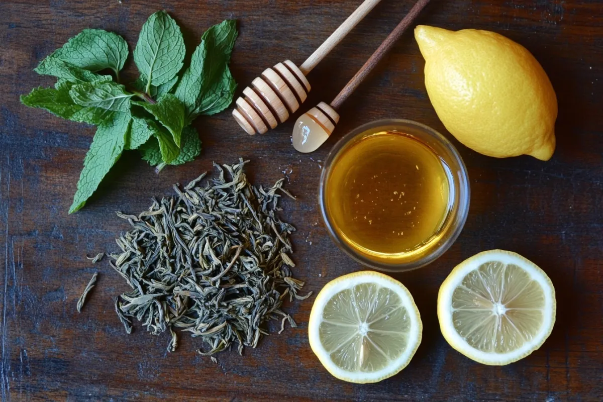 An artistic arrangement of the key ingredients for a white tea shot: loose white tea leaves, fresh lemon slices, honey, and a sprig of mint, displayed on a rustic wooden table with natural light illuminating the textures and colors of the ingredients.